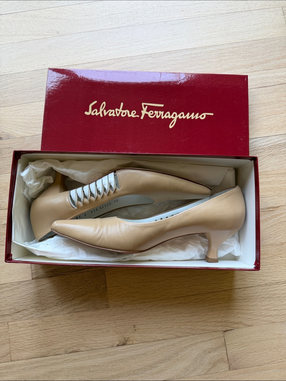 Salvatore Ferragamo Nude/Tan Leather Pointed Kitten Heel Pumps
